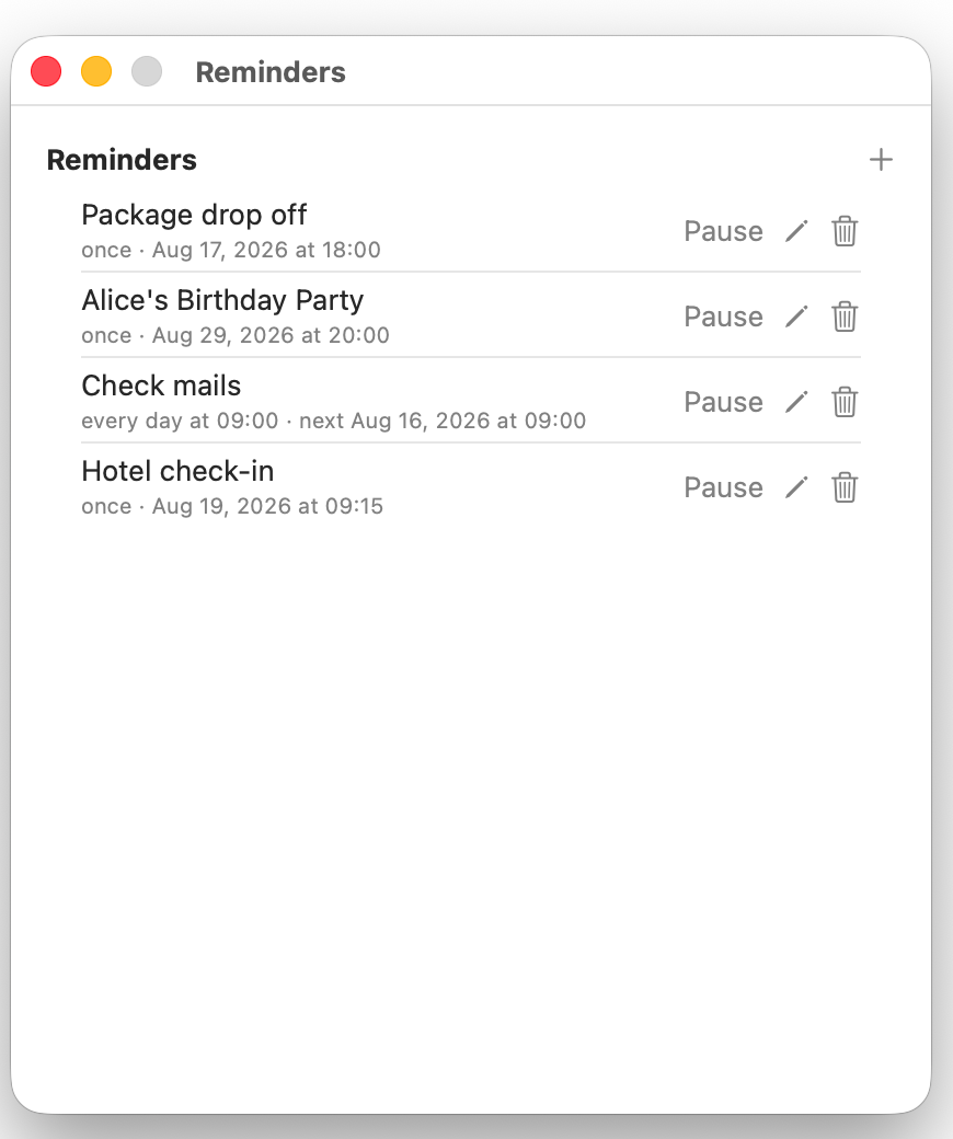 The Reminders window listing four reminders, each with when it next fires and a Pause, edit and delete control on its row.